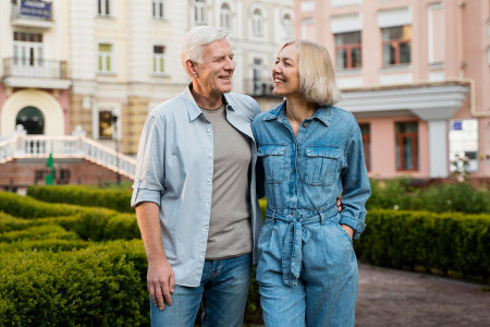 happy senior couple enjoying their time city while embraced