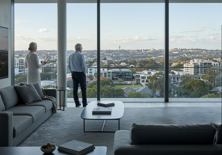 senior couple in a luxurious apartment overlooking sydney inner west suburbs