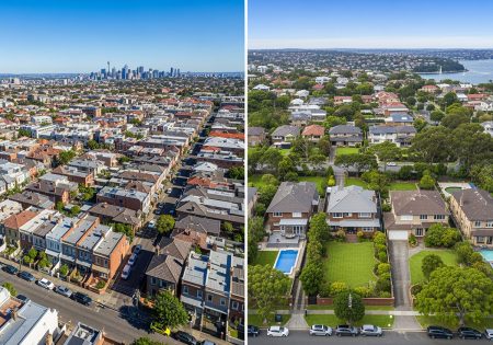 split screen photo comparison inner west sydney vs lower north shore sydney real estate