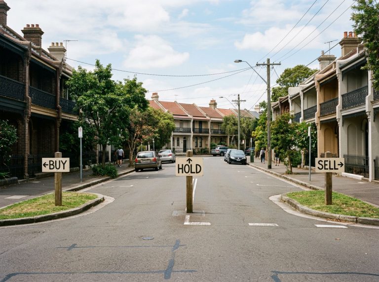 magnific a fork in the road with signs buy sell hold related to real estate in sydney