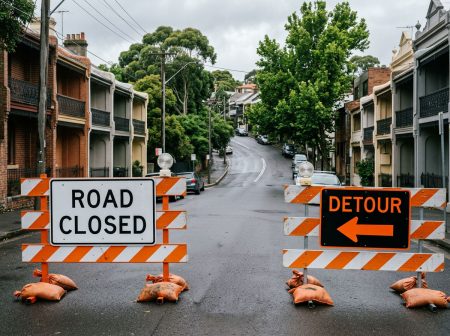 magnific AI generated image signage road closed and detour inner west sydney street victorian buildings