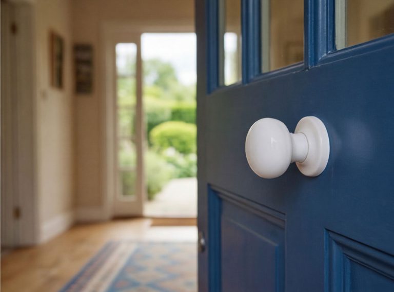 magnific blue front door opens to living room