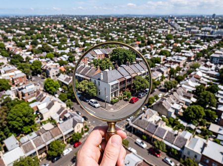 magnific An aerial view of a Inner West Sydney neighborhood is seen through a magnifying glass held by a hand.