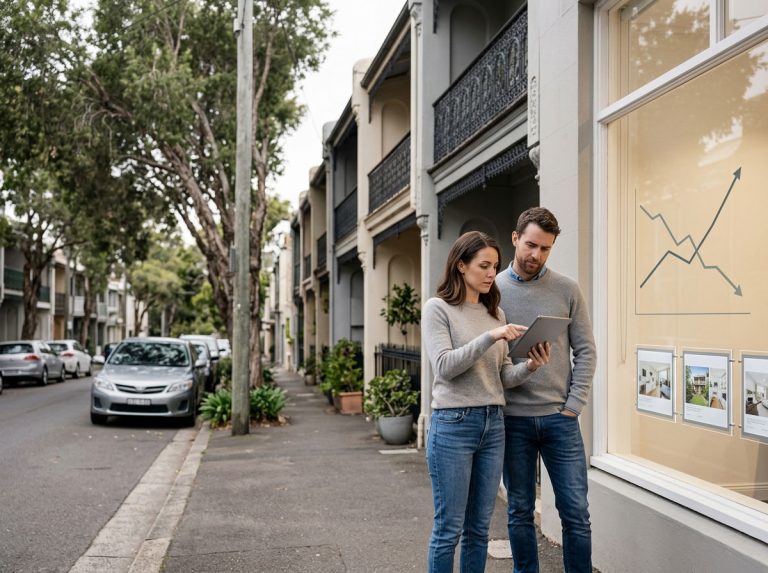 magnific editiorial image property prices dropping couple in front of real estate agents graphic up and down arrows