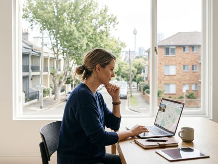 women at desk in front of laptop property buying research inner west sydne street in background