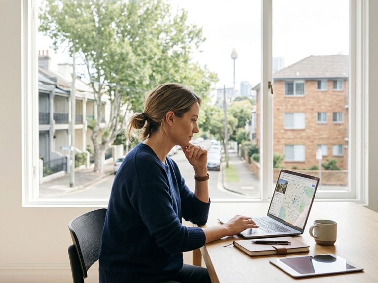 women at desk in front of laptop property buying research inner west sydne street in background