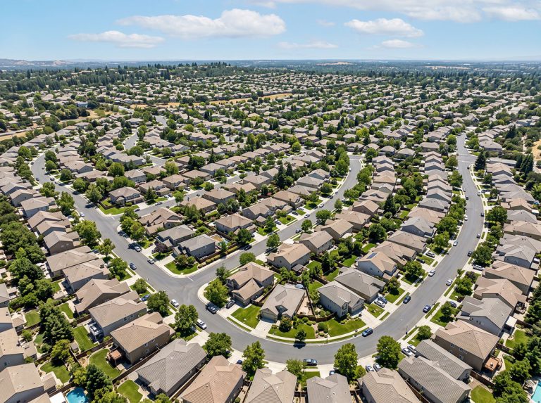 magnific aerial view of densely populated new housing development